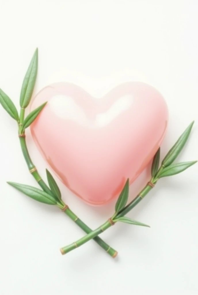 With a white background in the middle is a pink heart covered with green bamboo. The picture is a square