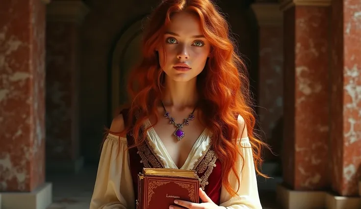 "A 20-year-old young, tall, graceful, gorgeous, confident heroine with long, curly red hair bare heade without any crown. Her striking green shiny and bright eyes, large and expressive, shine with a mix of wisdom and determination. her face and body exposu...