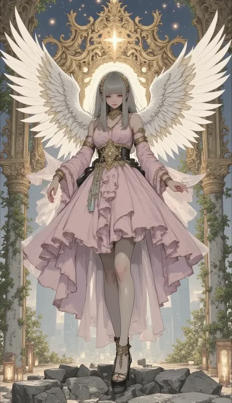 ,    rough stroke animation    , Ancient, Collapsing ruins  ,   The enormous altar is magnificent  ,   Wedding Dress ,   A goddess appears with magnificent wings  ,    Her figure is soft pink   、 awe-inspiring  . Her wings, 、   delicate feather detail    ,...