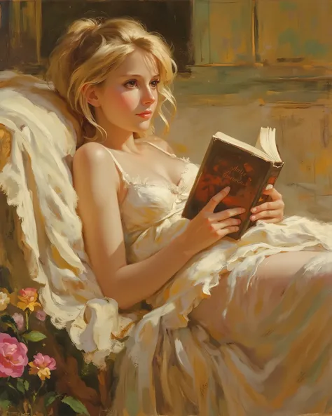 oil painting, V.V. style,   . beautiful girl, bare shoulders, blonde, reading a book, lying down, negligee, flower, bedroom, oil painting texture, (masterpiece, best quality:1.2) 