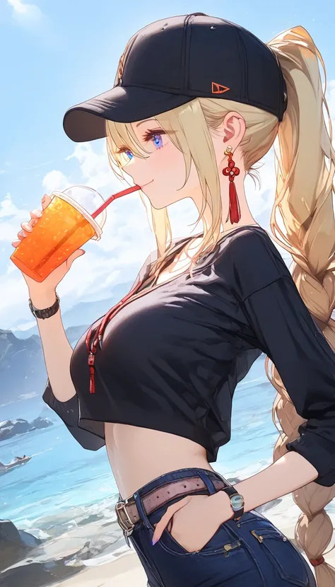 1girl, solo, vivid, cup, profile, food, ponytail, drinking, sidelocks, holding, fruit, from side, disposable cup, drinking straw, upper body, looking to the side, baseball cap, holding cup, blonde hair,, masterpiece, best quality, high score, great score, ...