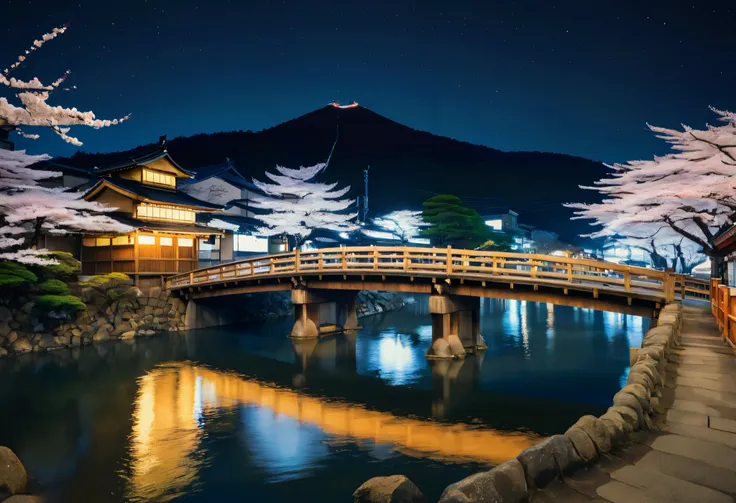 Arafe Bridge over the town river at night  ,  pictures inspired by Sesshu Toyo, Pexels, ukiyo-e, , in a  at night,  Japanese cities  at night, Japan at Night, Japanese Village,  Japanese cities , Luxury hot spring,  Japanese-style hot springs ,  Downtown J...