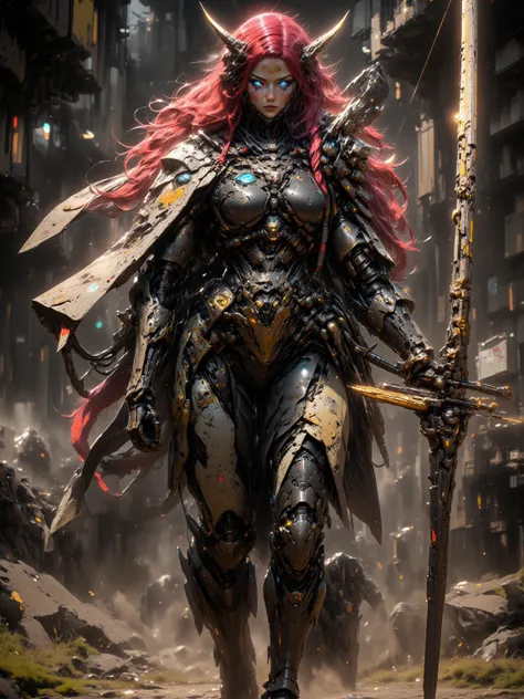 Female Elf, Long Flowing Fiery Red Hair with Blunt Bangs, Long Elven Ears, Glowing Blue and white Cybernetic Eyes, Tanned Skin, Large Breasts, Wide Hips, Thick Thighs, Long Legs, Wearing Form Fitting Advanced Golden Leaf Advanced Cybernetic Armor, Holding ...