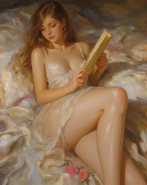 oil painting, V.V. style,   . beautiful girl, bare shoulders, long hair, reading a book, lying down, negligee, pillow, flower, bedroom, oil painting texture, (masterpiece, best quality:1.2) 