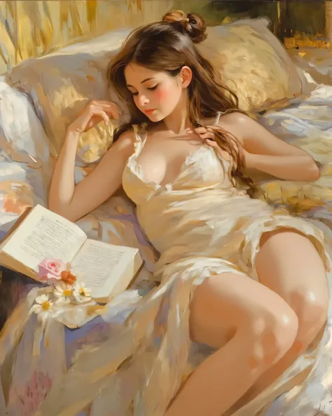 oil painting, V.V. style,   . beautiful girl, bare shoulders, long hair, reading a book, lying down, negligee, pillow, flower, bedroom, oil painting texture, (masterpiece, best quality:1.2) 