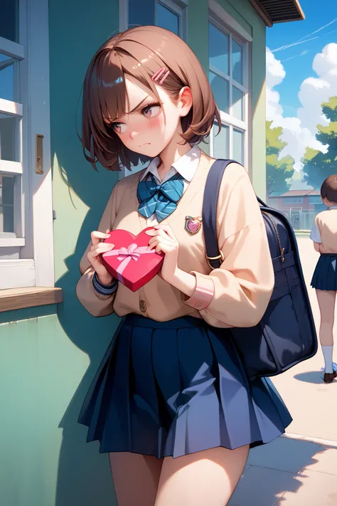 masterpiece, best quality, detailed, anime style, behind the school building, afternoon sunlight, shy tsundere schoolgirl, short brown hair, school uniform, slightly annoyed expression, slight blush, embarrassed, looking away, holding a heart-shaped gift i...