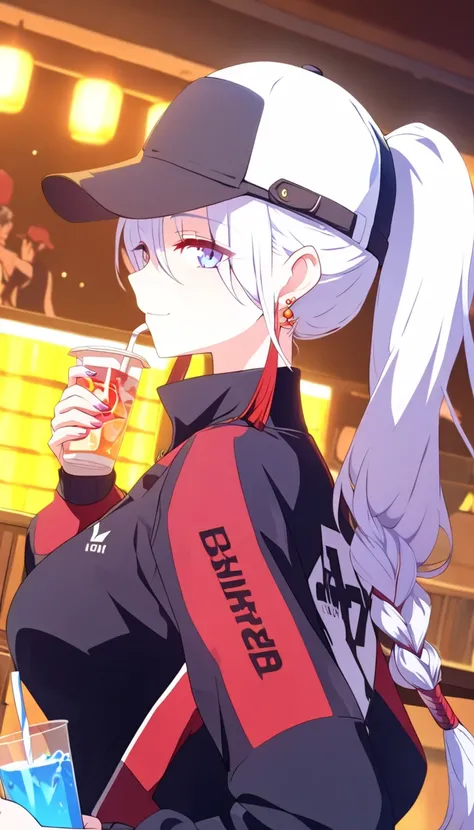 1girl, solo, vivid, cup, profile, food, ponytail, drinking, sidelocks, holding, fruit, from side, disposable cup, drinking straw, upper body, looking to the side, baseball cap, holding cup, blonde hair,, masterpiece, best quality, high score, great score, ...