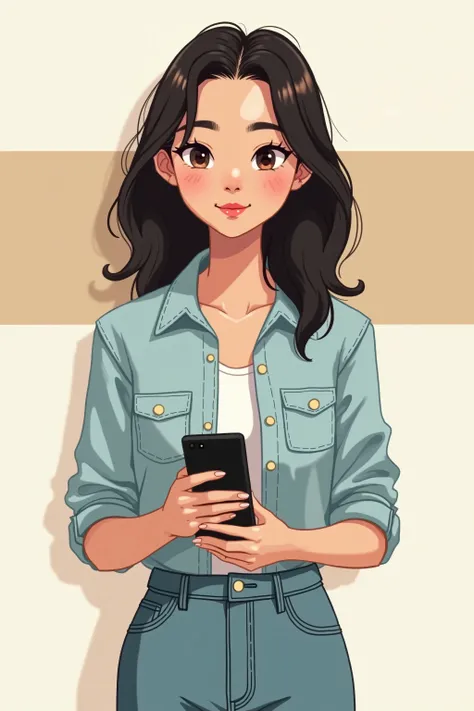 Create an digital artwork of Kuu Kuu, a confident 17-year-old East Asian YouTuber and digital nomad. She has a round face with almond-shaped eyes, soft arched brows, an upturned nose, and heart-shaped lips. Her neutral skin tone shows natural texture with ...