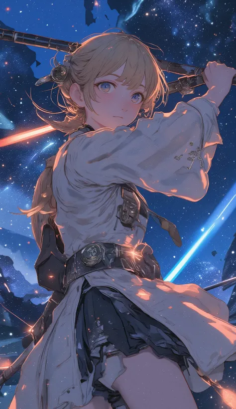 Space Samurai , Jedi Samurai ,   Star Wars  ,  Japanese Sword,   very pretty woman,   cute face,   French Braid, ブロンド, 