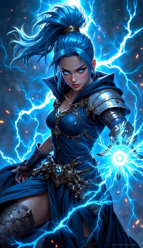 High resolution, details, white woman, bleu hair, Ponytail, heroic look, young eyes, sexy mage suit, using magic, surrounded by bleu lightning , black particle, Pupils Symbol,