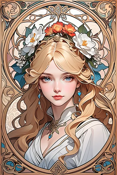  Hi-Res, high quality,Coloring book,European women's face portrait, long curly hair, Blonde, floral frame, decorative panel, abstract, Art by Alphonse Mucha, sketch, character lines and scenes without colors and shadows.
(Masterpiece, Best Quality,  highre...