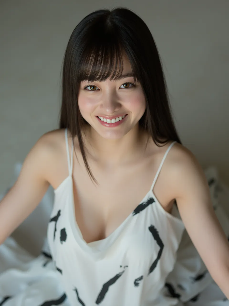 High-angle, The image is a photograph of a young woman, with a fair complexion and long, straight hair, and bangs. Her skin is snow-white. Deep V-neck, cleavage. she is wearing a sleeveless, white dress with black abstract brushstroke patterns, which gives...