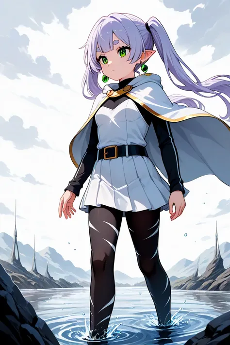 The weather is cloudy,A girl walking on the plains, thick eyebrows, complicated details, expressionless,Small breasts, Light purple with long twin tails,  pointed ears, Green earring in the shape of a drop of water,  white short cape with white lining,  bl...