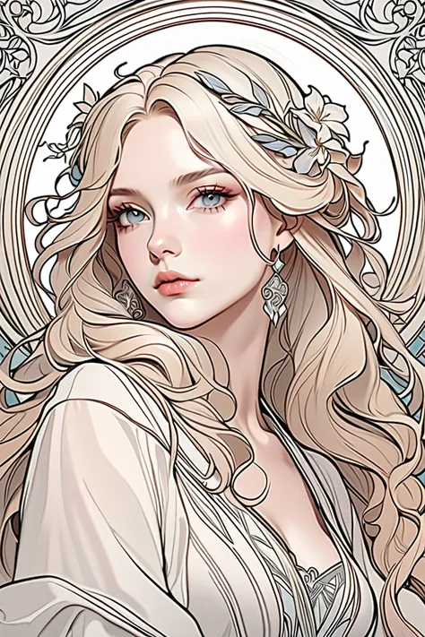  Hi-Res, high quality,Coloring book,lineart, monochrome、European women's face portrait, long curly hair, Blonde, floral frame, decorative panel, abstract, Art by Alphonse Mucha, sketch, character lines and scenes without colors and shadows.
(Masterpiece, B...