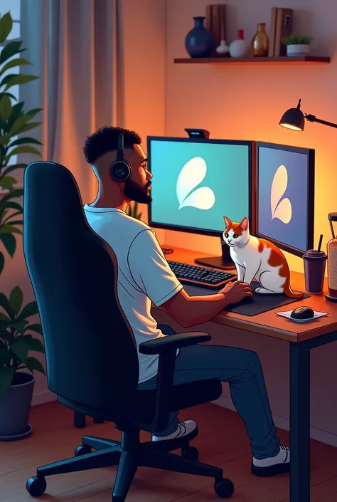 "Create a single composite image of a back view of black man with a low fade haircut sitting on a black gaming chair wearing a call headset, working at his computer in a modern home office, with a friendly white-and ginger cat on or near the desk. The man ...