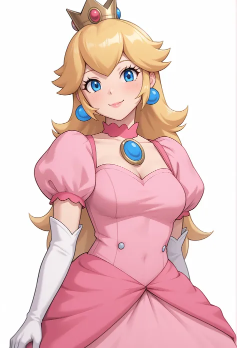 masterpiece, absurdres, highres, 4k, archdan, 1girl, princess peach, nintendo, mario \(series\), solo, blonde hair, crown, blue eyes, long hair, earrings, pink dress, puffy sleeves, jewelry, brooch, white elbow gloves, looking at viewer, smile, closed mout...