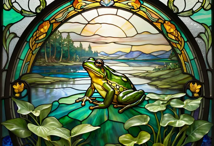 a close up of a  stained glass  window with a frog on it,  Pascal Blanchet  , behance contest winner, Art Nouveau, maxim verehin  stained glass ,  stained glass  art,  stained glass  style,  stained glass ,  stained glass , green  stained glass ,  Mucha Ti...