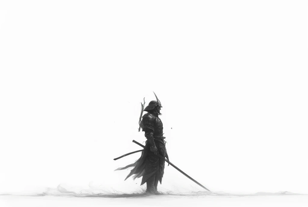 negative space, A samurai stands alone in a large, white space with nothing,  Cosmic Space