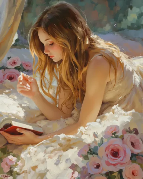 oil painting, V.V. style,   . beautiful girl, long hair, Reading a book while lying face down, negligee, pillow, flower, bedroom, oil painting texture, (masterpiece, best quality:1.2) 