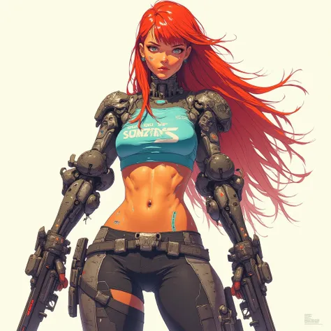 A humanoid ,beatiful face woman ,big hip, long red hair reaching back ,blue eye, sport bra, war  ,gun , full-body ,sexy,Abstract, 