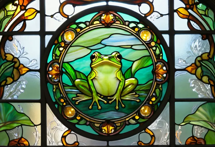 a close up of a  stained glass  window with a Frog on it, maxim verehin  stained glass ,  stained glass  art,  stained glass  style,  stained glass ,  stained glass , green  stained glass ,  Mucha Tiffany Killian eng, Art Nouveau masterpieces ,  stained gl...