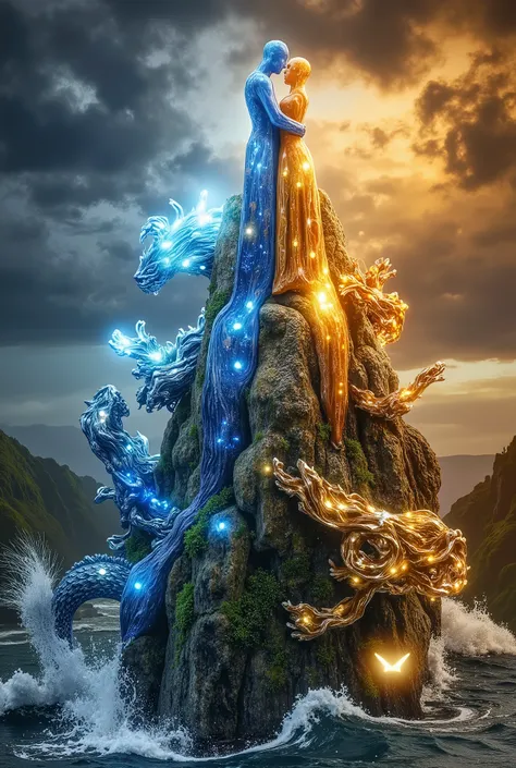 A mythical illustration of [Kissing Couple Figurine] within an Arcane Mountain-Sea Nexus, adorned with Enchanted Glyphs of Eternal Bonds. The lovers stand atop a Floating Crystal Peak, their silhouettes glowing in transcendent hues of [Sapphire Blue] and [...