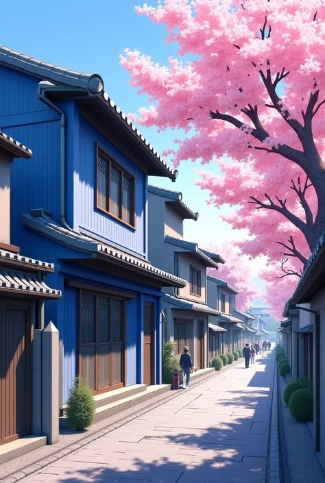 A japanesse street a two stored blue coloured building there is a cherry blossom tree