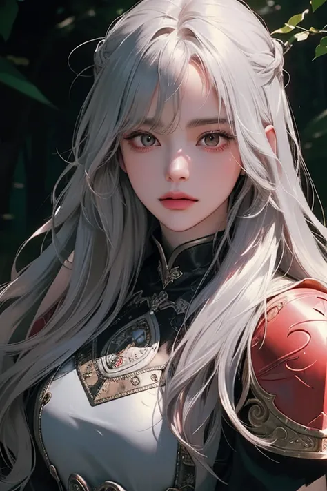 1 person view, (best quality, ((masterpiece)), beautiful detailed Eyes, 8K resolution, cinematic lighting,detailed clothes,Semi-realistic),1 woman,((30 year-old)),cool, (silver wavy long hair,bunt bangs hairs),(armor),red eyes,forest