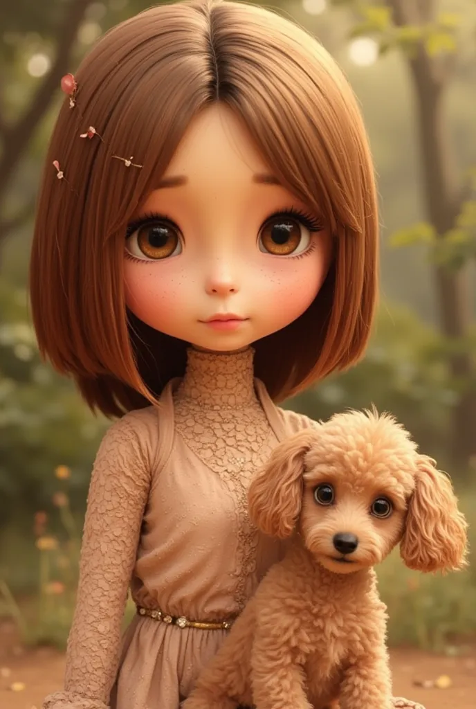 An animal fairy with sand colored skin and hazel eyes. She had straight shoulder-length brown hair split down the middle. And a brown mini poodle as a companion. In a cartoon style

