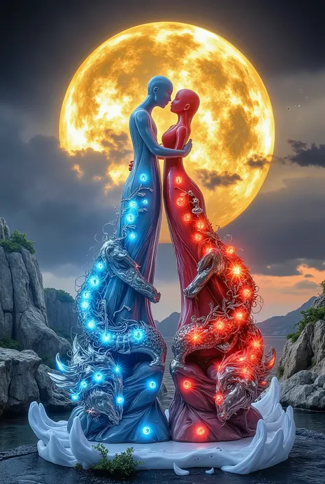 A mythical illustration of [Kissing Couple Figurine] within an Arcane Mountain-Sea Nexus, adorned with Enchanted Glyphs of Eternal Bonds. The lovers stand atop a Floating Crystal Peak, their silhouettes glowing in transcendent hues of [Sapphire Blue] and [...