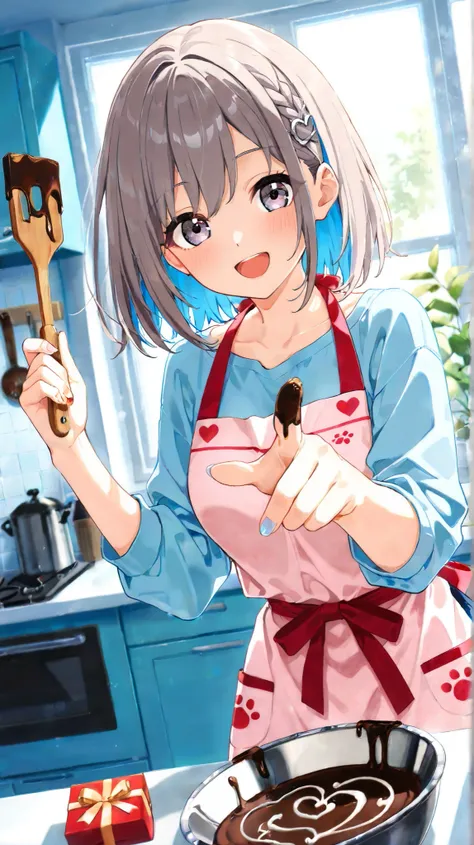 score_9, score_8_up, score_7_up, source_anime, Scene of making sweets, Valentine, Lovely pastel kitchen , melted chocolate stainless steel bowl, With a Wooden spatulain one hand, Pointing at viewer, dutch angle, (There is melted chocolate on fingertips: 1....