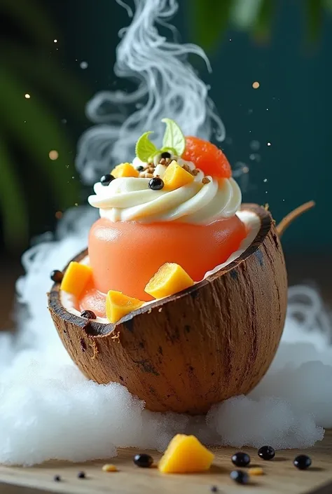  An image of a wacko served in coconut with sour-flavored dry ice, coconut milk chunks of lulo and passion fruit seeds 