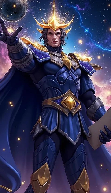  A majestic titan with a noble and imposing appearance , depicting Heavens , The titan of intelligence.  It has a penetrating and wise look ,  with eyes shining like stars .  This is a dark blue cloak adorned with golden constellations ,  appearing to be m...