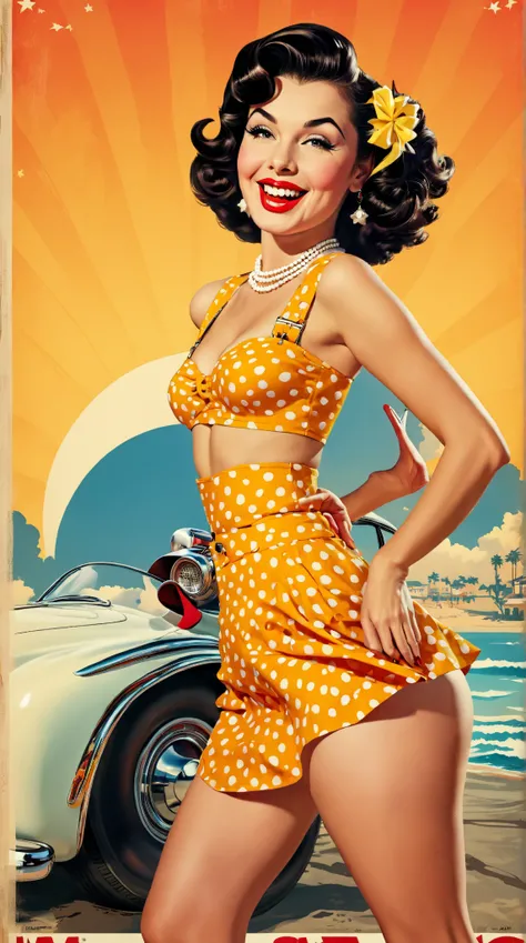 Evening sunset,in the style of Pin Up, actress , higly detailed,Colorful pin-up art, art style, ((mustafa classic)) poster, kodak portra 400, cinematic, (smiling:0.6), 60s American pinup, art style , solo, suspenders, modest clothes, fully clothed, very re...