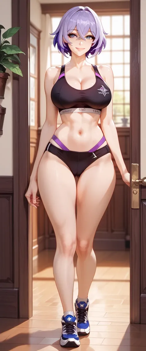 ultra-detailed, 1girl, acheron, honkai star rail, ((masterpiece)), (best quality), (highres), 16K, long purple hair, wearing sports bra, wearing black panties, busty body, large breasts and a beautiful ass, showcasing cleavage, legs, hips, looking at viewe...