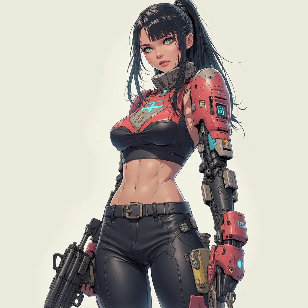 A humanoid ,beatiful face woman ,very small chest , big hip, big booty ,long black hair ,blue eye, sport bra, war  ,gun , full-body ,sexy,Abstract, Ponytail, 