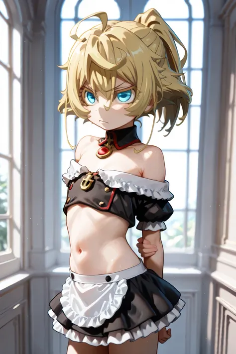 NSFW, Masterpiece, top quality, Hi-Res, very detailed, Tanya DeGrechaff, short hair、 blue eyes、 blond hair、 、 side lock、stupid hair、 ponytail、ショート ponytail, maid clothes, crop top, off the shoulder on the head, miniskirt, luxury mansion,Office
