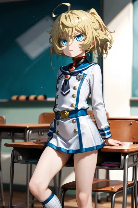 NSFW, Masterpiece, top quality, Hi-Res, very detailed, Tanya DeGrechaff, short hair、 blue eyes、 blond hair、 、 side lock、stupid hair、 ponytail、ショート ponytail, sailor suit, miniskirt, knee-high socks,School,classroom