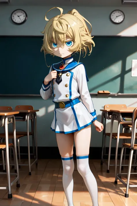 NSFW, Masterpiece, top quality, Hi-Res, very detailed, Tanya DeGrechaff, short hair、 blue eyes、 blond hair、 、 side lock、stupid hair、 ponytail、ショート ponytail, sailor suit, miniskirt, knee-high socks,School,classroom