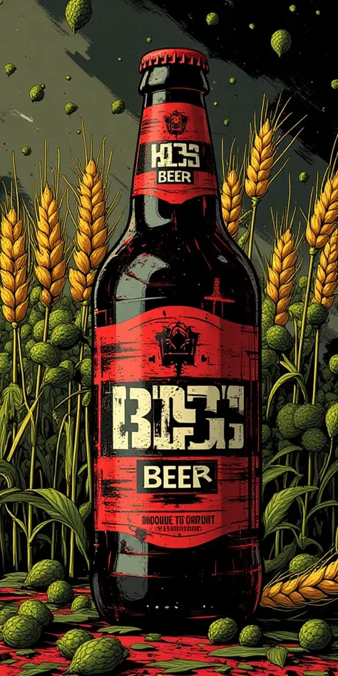 cartel, beer bottle label. It contains the text “Boss Beer”. With the theme of Hops and ears of Barley. 