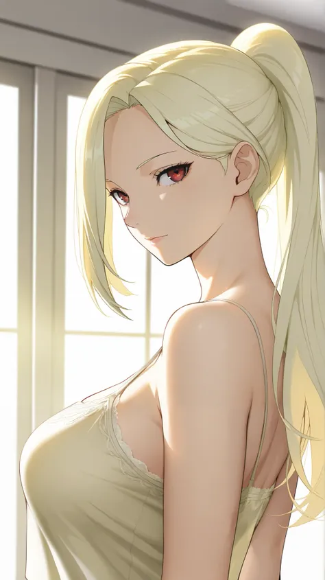 Masterpiece, elegant mature woman, ino yamanaka, long hair, high ponytail long hair, light yellow color hair, tall body, camisole, upper body, dynamic lighting, ultra detailed, highres, absurdres, home,  ino\(boruto\) style, stunning visual cg, looking at ...