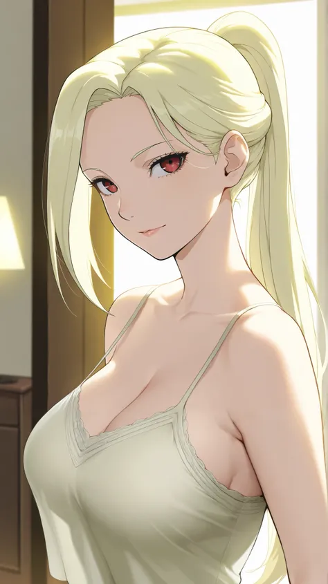 Masterpiece, elegant mature woman, ino yamanaka, long hair, high ponytail long hair, light yellow color hair, tall body, camisole, upper body, dynamic lighting, ultra detailed, highres, absurdres, home,  ino\(boruto\) style, stunning visual cg, looking at ...