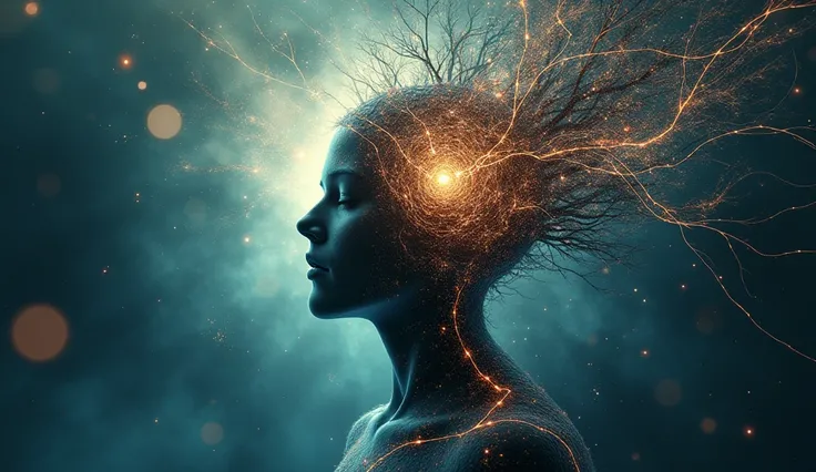 A symbolic representation of consciousness and telepathy—an abstract, surreal image of a human head surrounded by glowing neural networks, cosmic patterns, and interconnected energy fields.