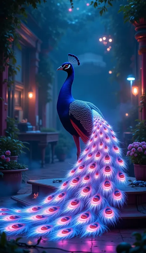 Help create a little fantasy peacock in a little dark neon style