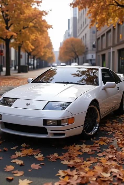 300ZX,  White ,drifting car parked on a leaf-covered street in autumn in a ( city:1.3), white,  global lighting ,  volumetric lighting ,   better quality,  highly detailed, cgi  ( computer graphics process ),  Illustration ,  render matrix of octane,  