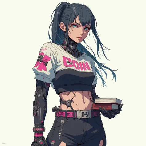 A humanoid ,beatiful face woman ,very small chest , big hip, big thigh ,long black hair ,blue eye, crop shirt,book,full-body ,sexy,Abstract, Ponytail, 