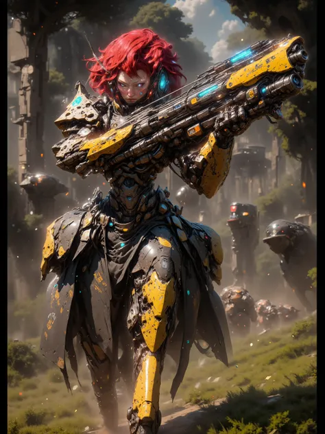 Female Elf, Long Flowing Fiery Red Hair with Blunt Bangs, Long Elven Ears, Glowing Blue and white Cybernetic Eyes, Tanned Skin, Large Breasts, Wide Hips, Thick Thighs, Long Legs, Wearing Form Fitting Advanced Golden Leaf Advanced Cybernetic Armor, Holding ...