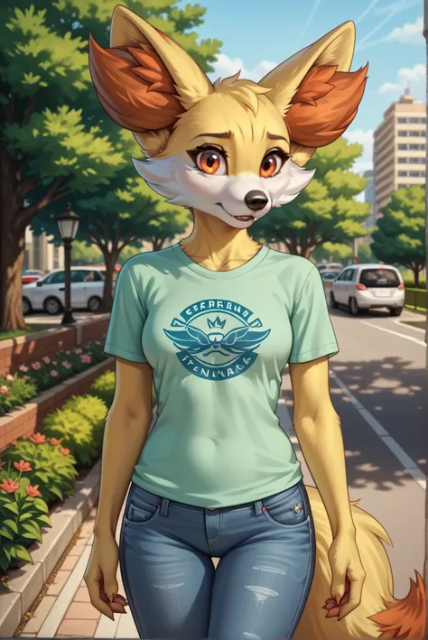 furry, solo, female anthro Fennekin, Fennekin, fluffy, detailed fluffy fur, wearing t-shirt and jeans, high resolution, best quality, worried facial expression, park setting, dynamic light, runningto veiwer, POV, city park, orange eyes, detailed eyes, very...