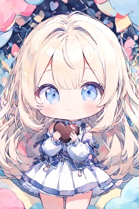 1 girl, chibi, cute, big droopy eyes, blue eyes, long blonde hair, curly hair,
(holding dark brown heart-shaped chocolate on hands), smile, colorful many hearts background,
water color, pale colors, (masterpiece, best quality, hyper detailed:1.2),