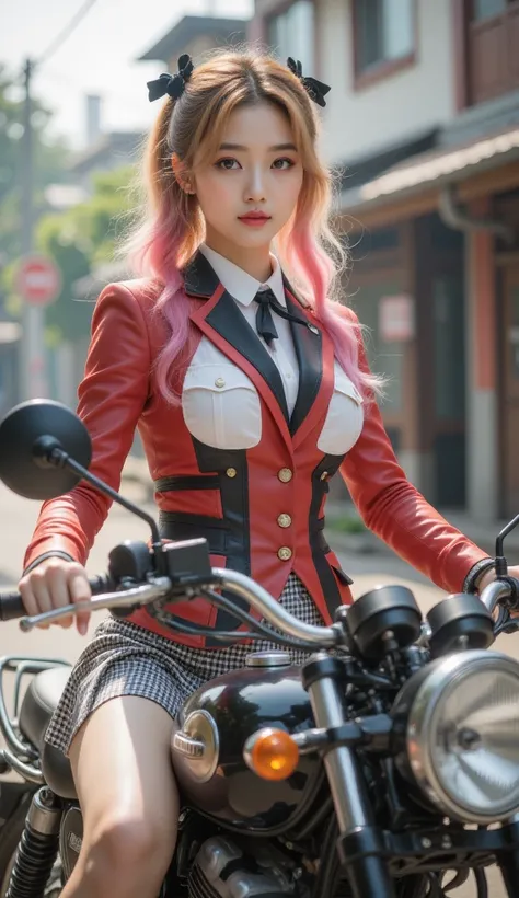 1 Girl,gal,(Gold, Pink Hair ,Two-tone hair), long hair,  side ponytail , black bow,school uniforms,Casual suits,(Checked skirt),(Casual suits, red, black),Ride confidently on a cool motorbike, 8K resolution on the front,  masterpiece,  top quality combat b...